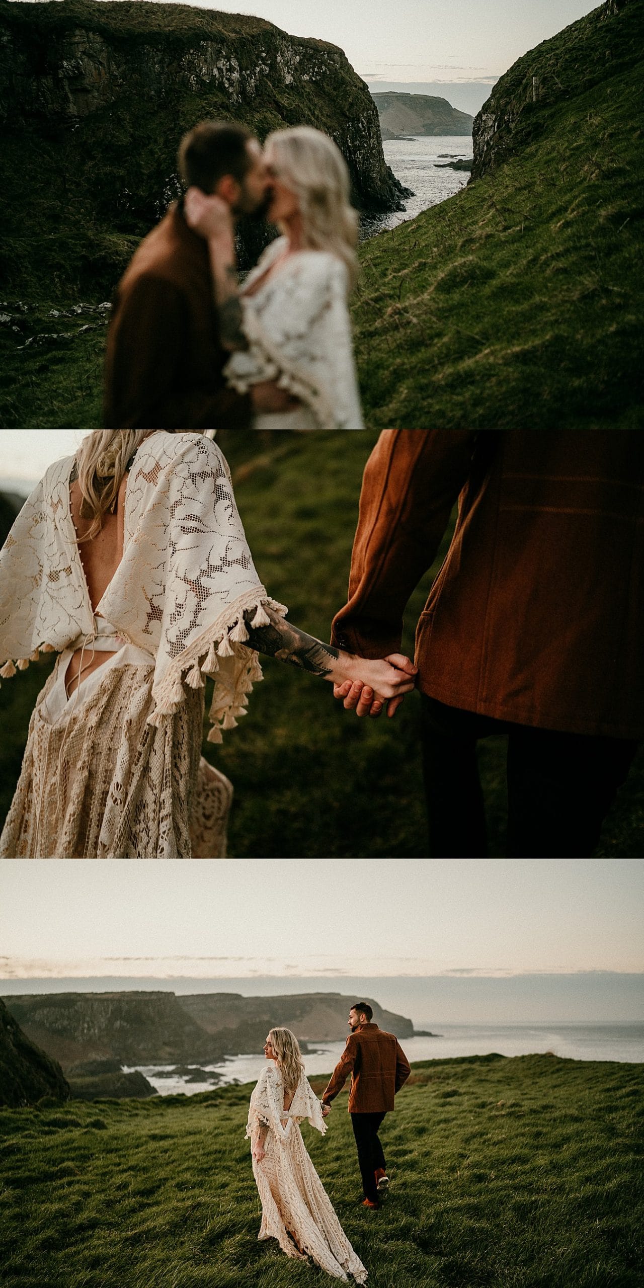 A sunset portrait in beautiful light on the Causeway Coast. Romantic adventure elopements in Europe. 