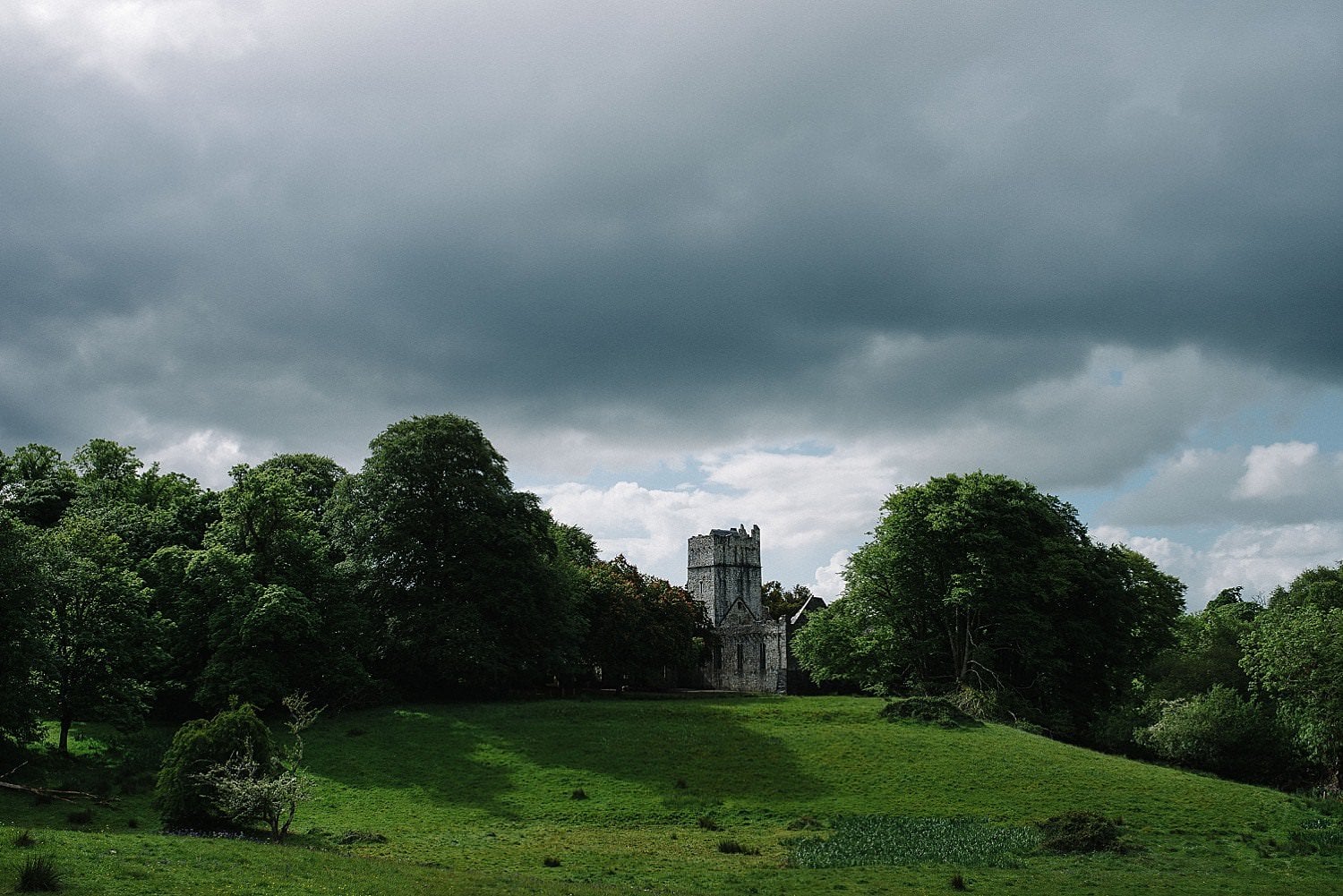 Muckross Abbey surrounded by trees with a dark overcast sky above.