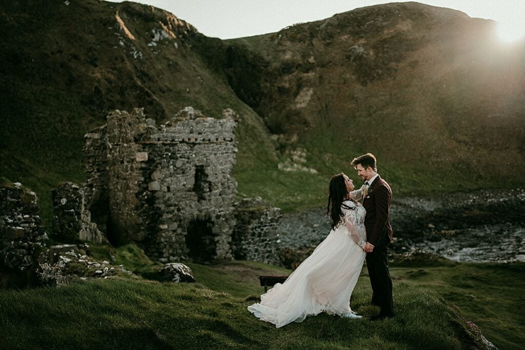 Wedding elopement couple at an Irish castle. Kinbane Castle Northern Ireland elopement planning