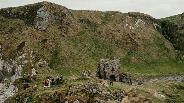 A micro wedding elopement ceremony at Kinbane Castle in Northern Ireland.